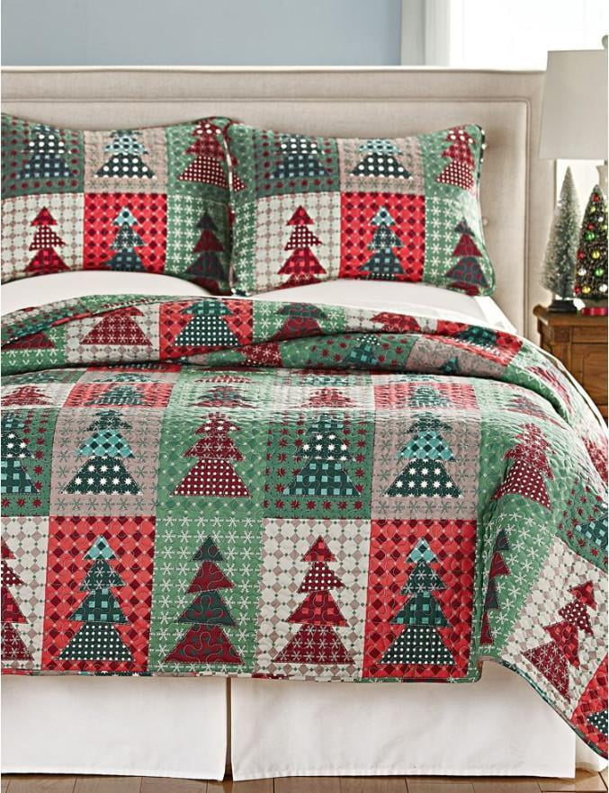 Christmas Trees Holidays Festive Red And Green Patchwork King Quilt