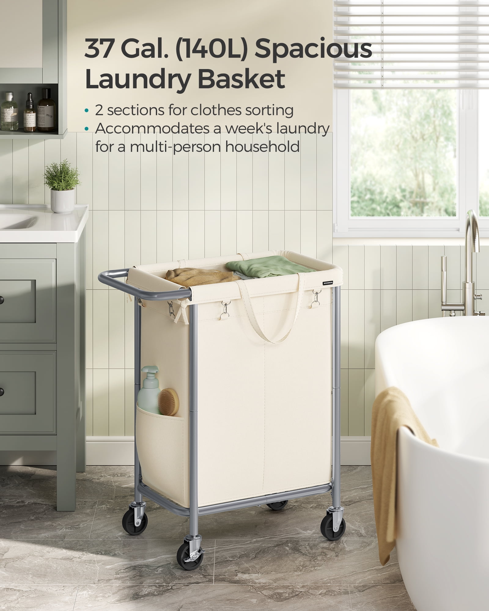 140L Laundry Sorter 2-Section Laundry Basket with Wheels Rolling Laundry Hamper with Removable Liner Cream White