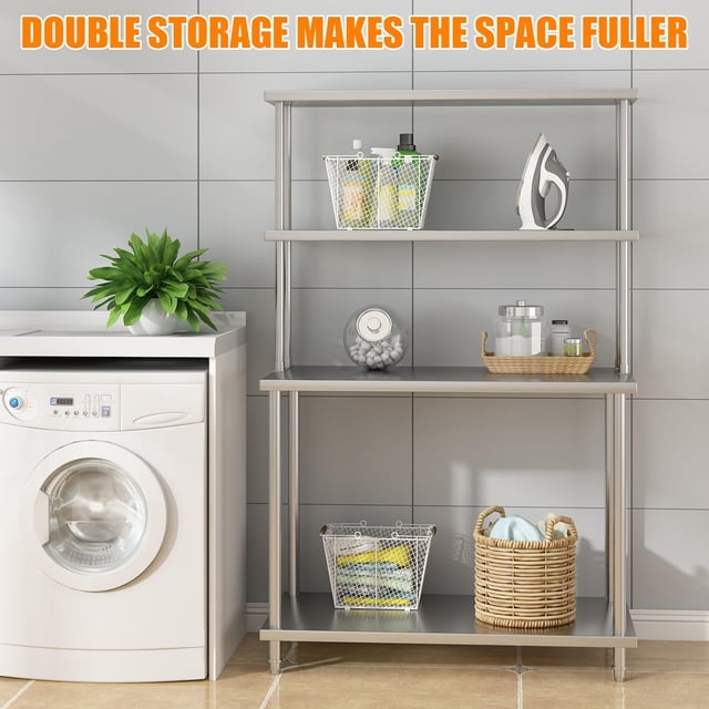 GloryStar Étagère Supérieure Double en Acier Inoxydable, 12"X48 Pouces Étagère de Rangement Commerciale à 2 Niveaux Réglable pour Restaurant et Cuisine à la Maison, Tables de Préparation