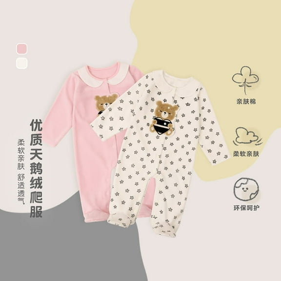 Inknowing Baby Velvet Romper with Bear Print and Snap Closure, Soft Breathable Infant Wear, 0-3T, 1-Pack