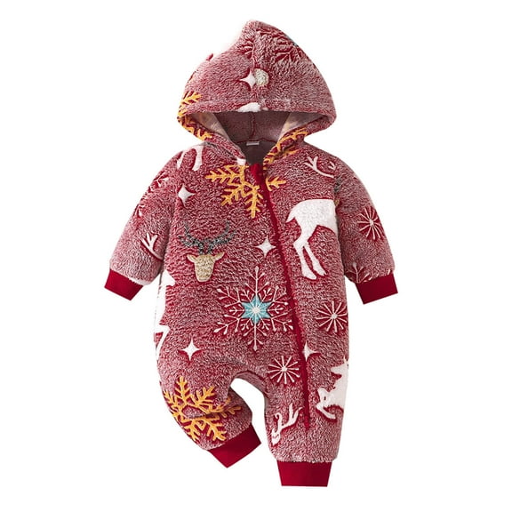 Angala Toddler Boys Girls Christmas Winter Keep Warm Long Sleeve Cartoon Prints Romper Hooded Jumpsuit Cozy Stylish Baby Clothes 9-12 Months