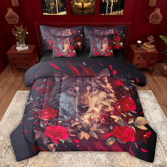 Feelyou Cartoon Wolf Teens Twin Bedding Sets 7-Piece, Romantic Jungle Animal Bedding Comforter Set, Red Anniversary Rose Reversible Sheet Sets, Ultra Soft Bedroom Decor