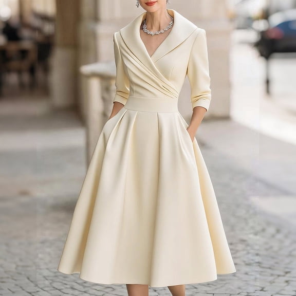 Zedker Elegant Midi Dresses for Women Fall 2025 Formal Wedding Guest Evenning Party Cocktail Dress with Pockets Plus Size Beige L