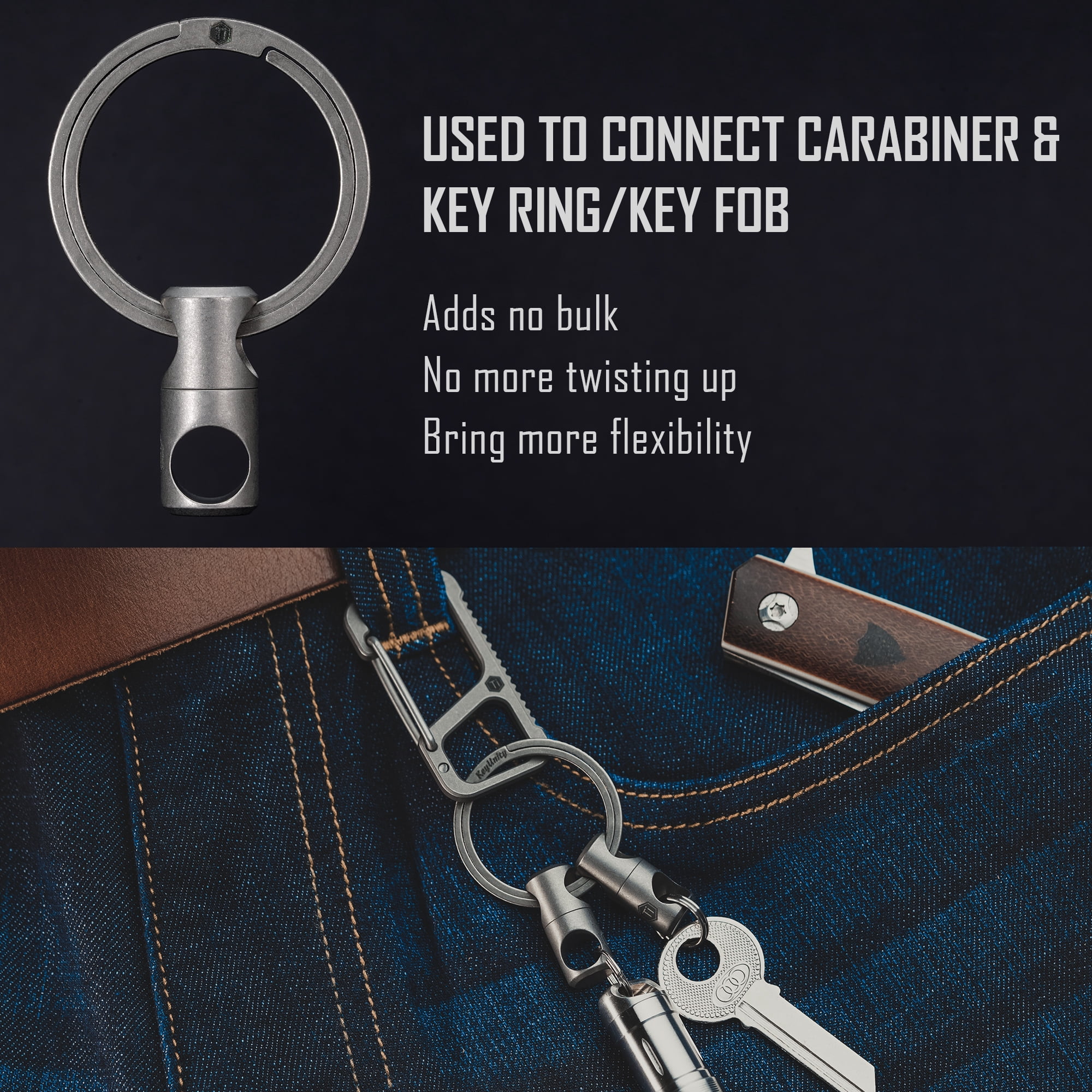 Key Unity Titanium Swivel Keyring Keychain Connector, 2 Pack 360° Rotating Key Linker for Carabiner & Split Rings KA07 Gray