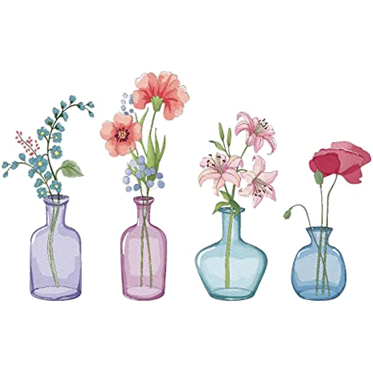 3D Lily Stickers Colorful Flowers Wall Decal 4 Style Watercolor Vase Flower Vinyl Wall Stickers Art Leaves Plant Wall Art Decor for Girls Women Bedroom Living Room Nursery