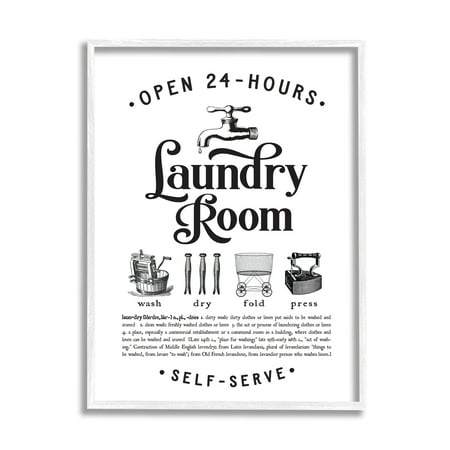 Stupell Industries Vintage Laundry Room Definition Wash Dry Fold Graphic Art White Framed Art Print Wall Art, 11x14, by Lettered and Lined
