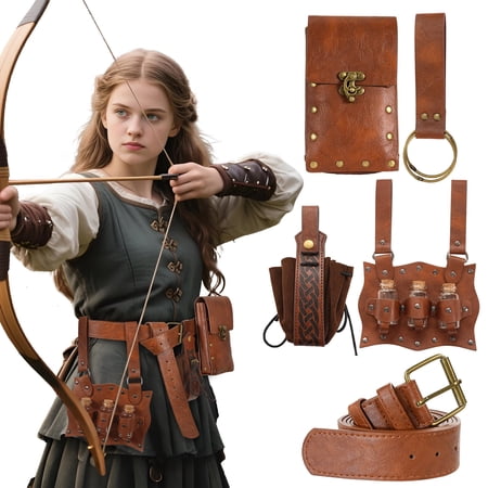 GOBWCOT Renaissance Belt Pouch Set of 5, Medieval Viking Leather Bracers Pirate Waist Bag Purse Cosplay Costume Accessorie