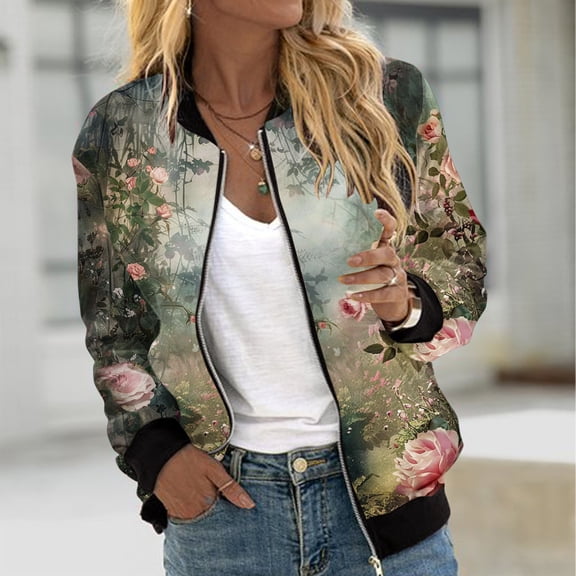 VINUSLI Womens Bomber Jackets Trendy Bomber Jacket Women 2024 Casual Floral Lightweight Jackets Women Trendy Zip Up Coat Outwear with Pockets Green,S