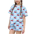 thumbnail image 2 of Amidoa Girls Summer 2 Piece Outfits Floral Cute Short Sleeve and Elastic Waist Shorts Kids Clothing Set Blue Size 3T Blue Size 3T, 2 of 6