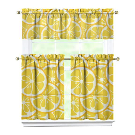 Kitchen Curtains 36 Inch Short - 3 Panel Set Lemon Print, Rod Pocket Window Curtains 100% Polyester, Cute Fruit Valance for Farmhouse, Cafe, Living Room, Bedroom, Easy Wash