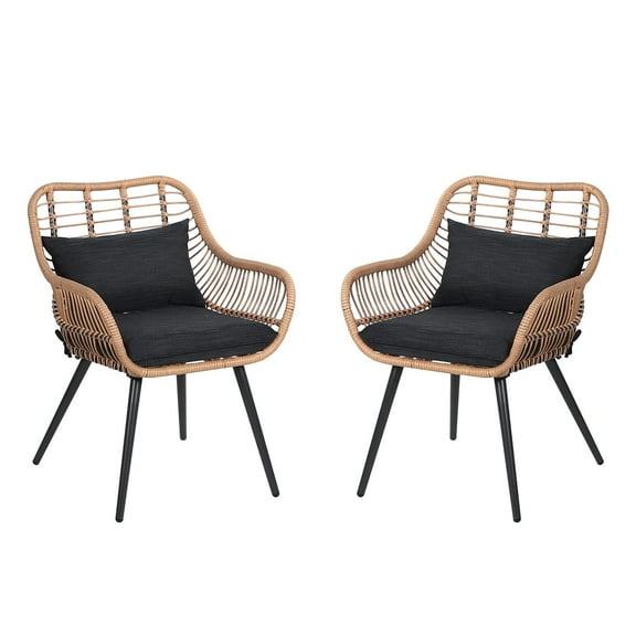 JOIVI Outdoor Wicker Chairs Set of 2, Patio Dining Chairs with Cushions, All-weather Rattan Porch Chairs with Armrest for Outside Lawn, Balcony, Garden, Black