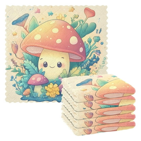

6 Pieces of Kitchen Towels 11x11Inch Kitchen Dish Cloths Kitchen Dish Towels Reuseable Cleaning Cloths Lovely Cartoon Little Mushrooms