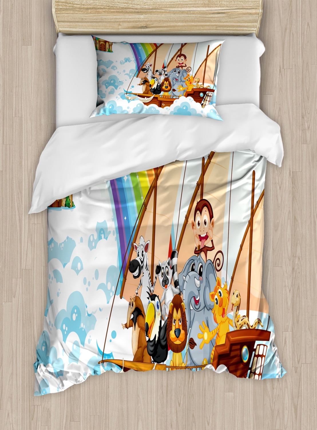 Children Duvet Cover Set Many Animals On A Boat Noah S Ark In