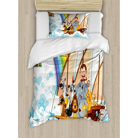 Children Duvet Cover Set Many Animals On A Boat Noah S Ark In