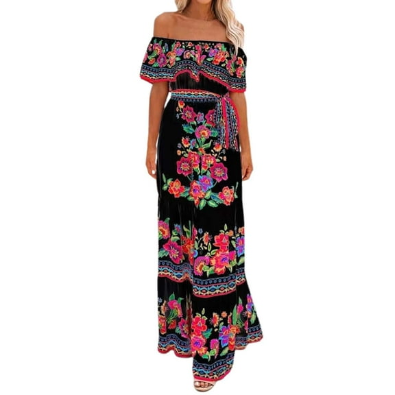Bibifish Womens Dresses Ethnic Style Off Shoulder Red Floral Printed Long Maxi Dresses Breathable Flowy Swing Dresses Elegant Travel Outfits