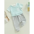 thumbnail image 3 of hirigin Toddler Baby Boy Clothes Suits Stripe Patchwork Short Sleeve Crew Neck Pocket Tops Elastic Waist Long Pants 2Pcs Set, 3 of 9