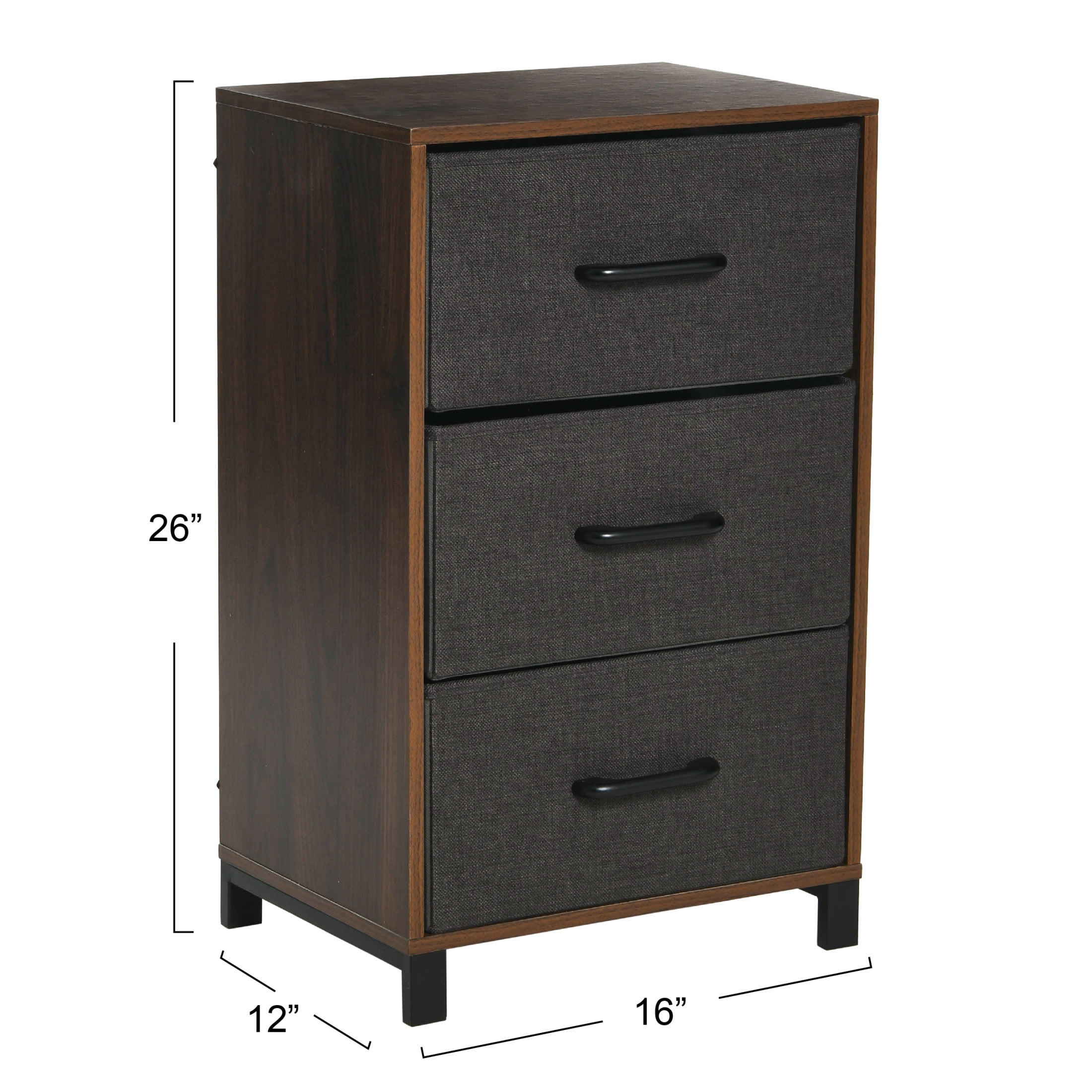 Household Essentials Dresser Nightstand Chest of Drawers Mid Century Walnut Wood Grain with 3 Dark Grey Strorage Drawers
