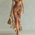 thumbnail image 5 of Morttic Women's Square Neck Puff Sleeve Floral Maxi Dress – Bohemian Elegant, Side Slit, Vacation & Wedding Outfit Multicolor，XS, 5 of 6