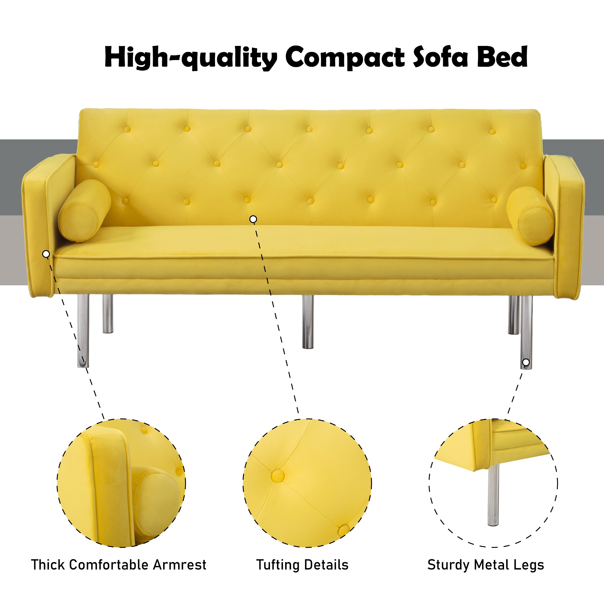 Modstyle Futon Sofa Bed, Velvet Convertible Sleeper Sofa with Pillows, Yellow - image 5 of 8