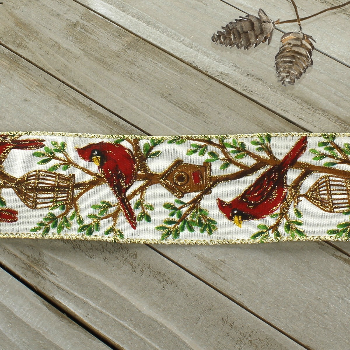 Ribbon Traditions Red Cardinal Birdhouse on Cream Wired Ribbon 2 1/2" by 25 Yards