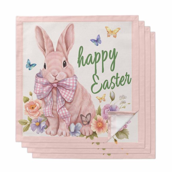 Happy Easter Cloth Napkins, Spring Cute Rabbits Flowers Butterflies Pink Washable and Reusable Dinner Napkins Set of 4, Table Napkin for Kitchen Party Birthday Wedding Hotel Housewarming 20"x20"
