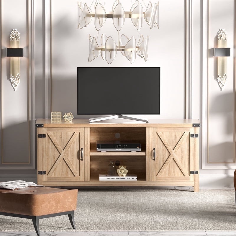 Homall Farmhouse TV Stand for 65 Inch TVs, Oak Wood Entertainment Center with Storage Cabinet & Cable Management