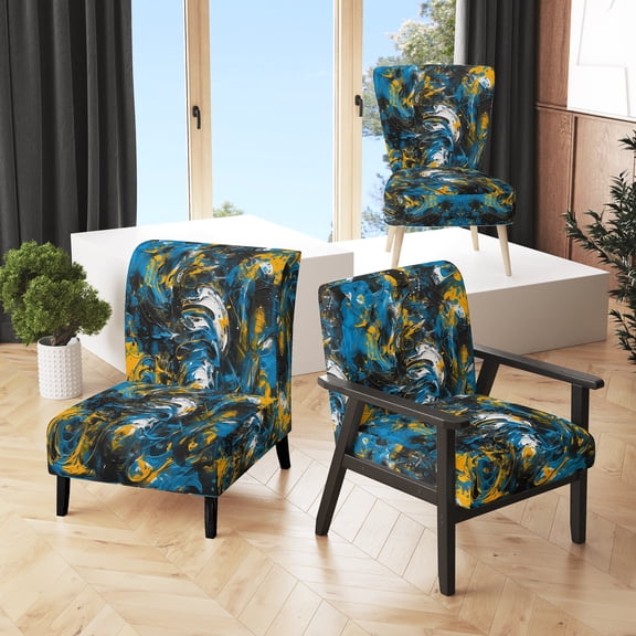 Designart "Abstracted Realms in Blue and Yellow II" Blue Abstract Upholstered Accent Chair - Modern Arm Chair For Living Room