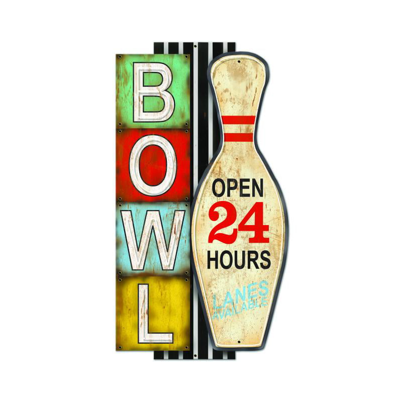 Rustic Vintage Metal OPEN 24 HOURS Bowling Ball Alley Pin Marquee Light Up Sign 
