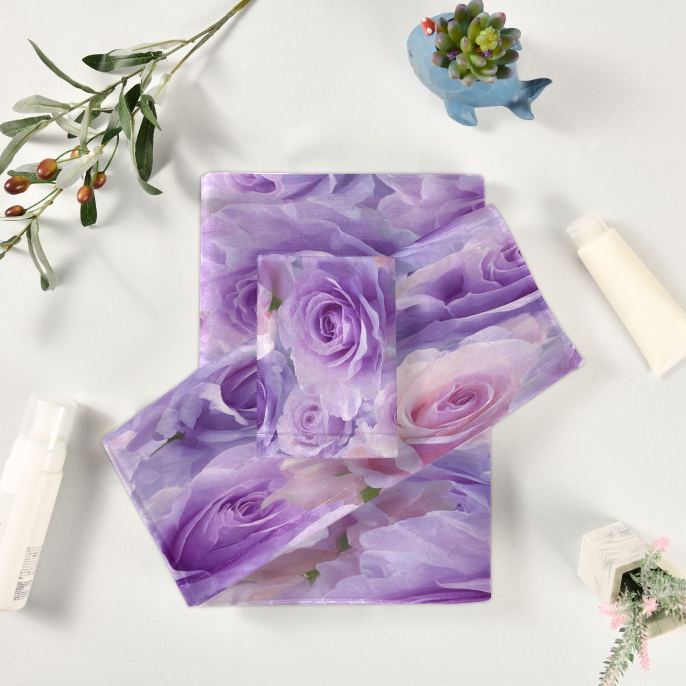 3 Piece Bath Towels Set Bath Towel, Hand Towel and Face Towel for Bathroom, Gym, Hotel Light Purple Roses Pattern