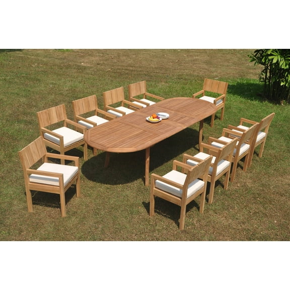 Grade-A Teak Dining Set: 10 Seater 11 Pc: 118" Double Extension Oval Table And 10 Veranda Arm Chairs Outdoor Patio WholesaleTeak #WMVR11