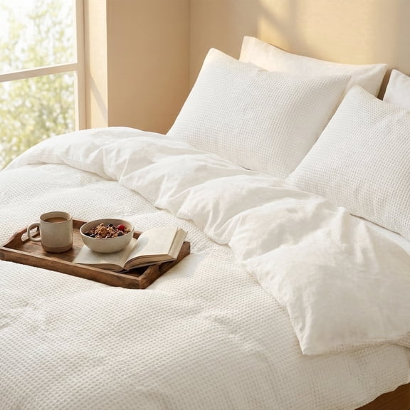 DCSKY Hotel Collection 3-Piece White Waffle Duvet Sets, Queen