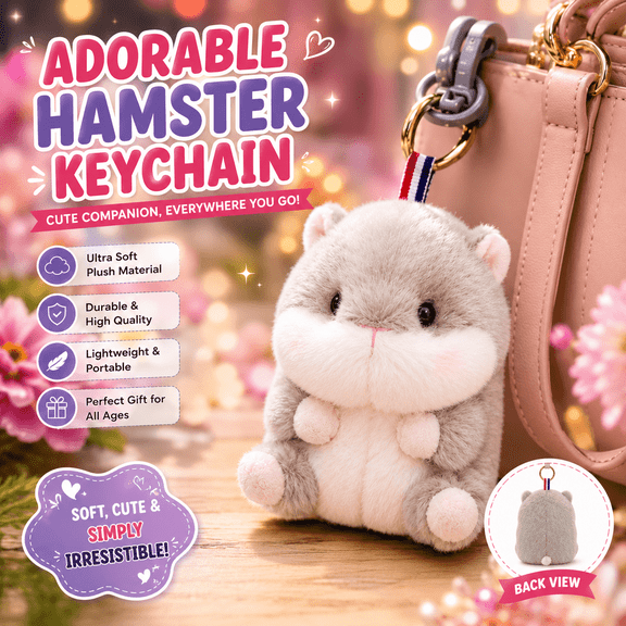 Cute Plush Hamster Keychain Bag Charm – Soft Fluffy Animal Keyring for Girls, Kids & Women, Kawaii Backpack Accessory Gift, Gray, 6 Inch