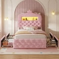 thumbnail image 2 of Twin Size Princess Bed Frame with 4 Storage Drawers and 2-Tier Storage Bookcase,Velvet Upholstered Platform Bed with LED Light & Charging Station,Crystal Button & Crown Headboard, White, 2 of 9