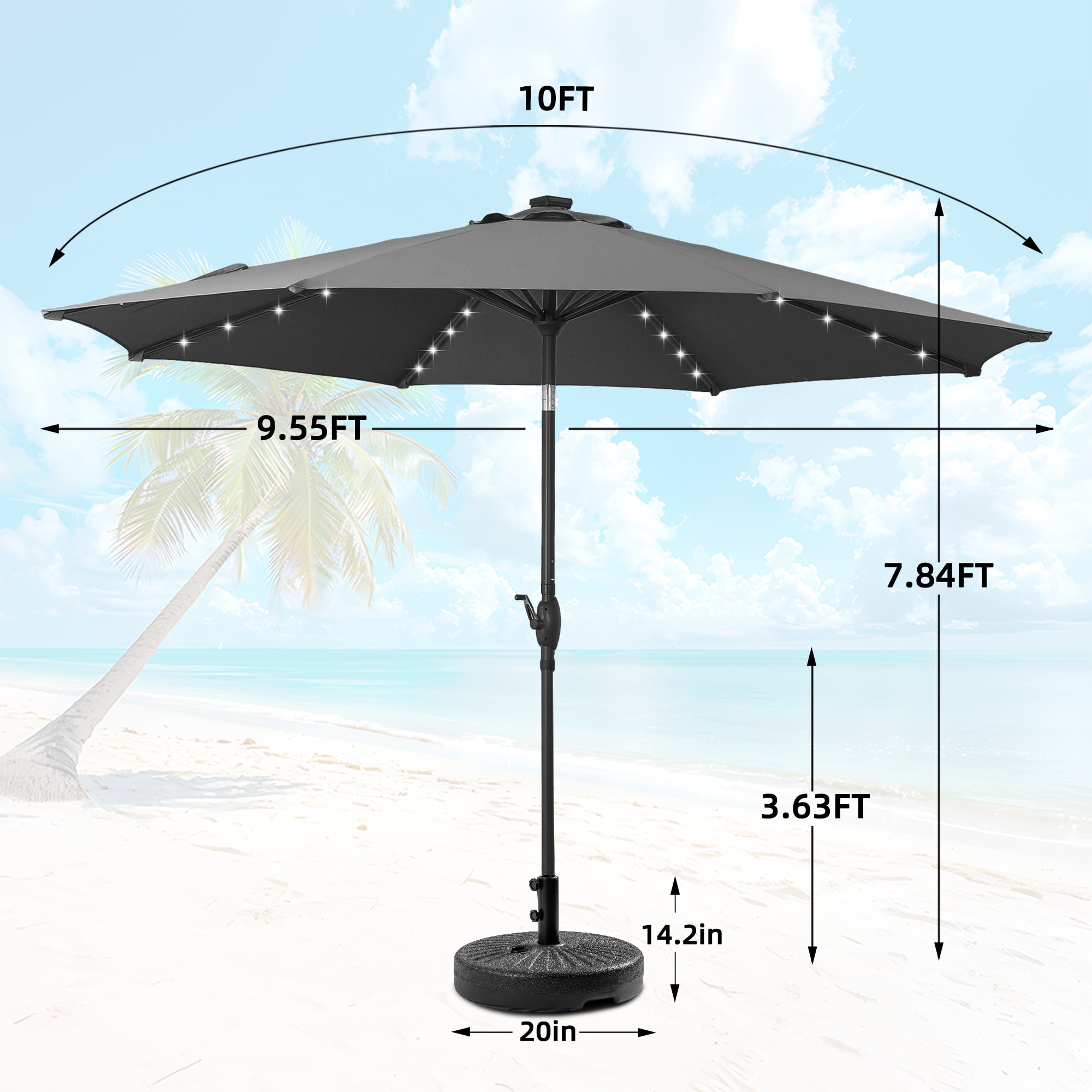 Autlaycil 10 FT Patio Umbrella with Base, Steel Tilt and Crank, Includes 32 Solar LED Lights, Grey