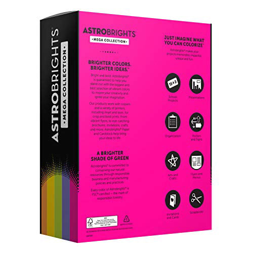 More Sheets! Exclusive Astrobrights Mega Collection Colored Paper 8 ½ x 11 625 Ct. 91685 “Retro” 5-Color Assortment 24 lb/89 gsm 2 Pack 