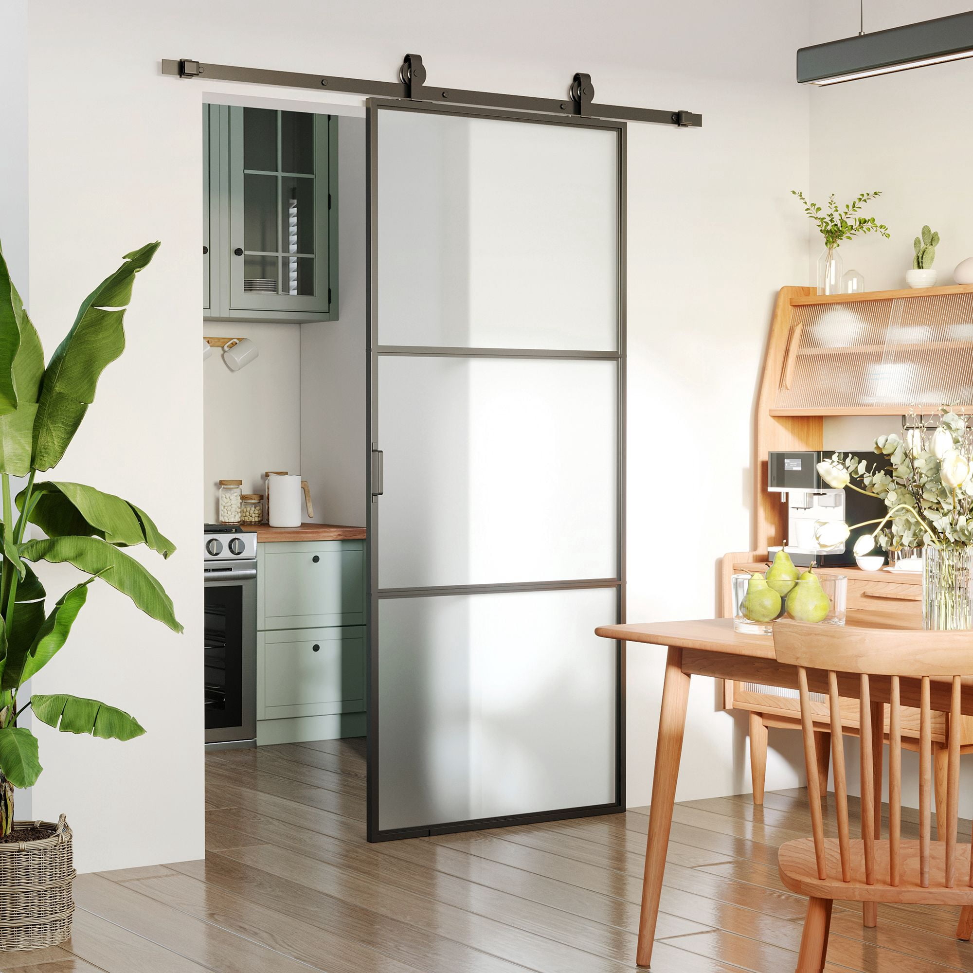 36 x 84 in Sliding Door with 6FT Hardware Kit and Handle, Industrial Frosted Tempered Glass Door with Carbon Steel, Easy Installation