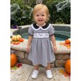 thumbnail image 4 of RUINIXCW Kids Toddler Baby Girl Halloween Dress Outfit Baby Little Girl Summer Fall Dress Ghost Embroidery Peter Pan Collar Short Sleeve Striped Dress, 4 of 9