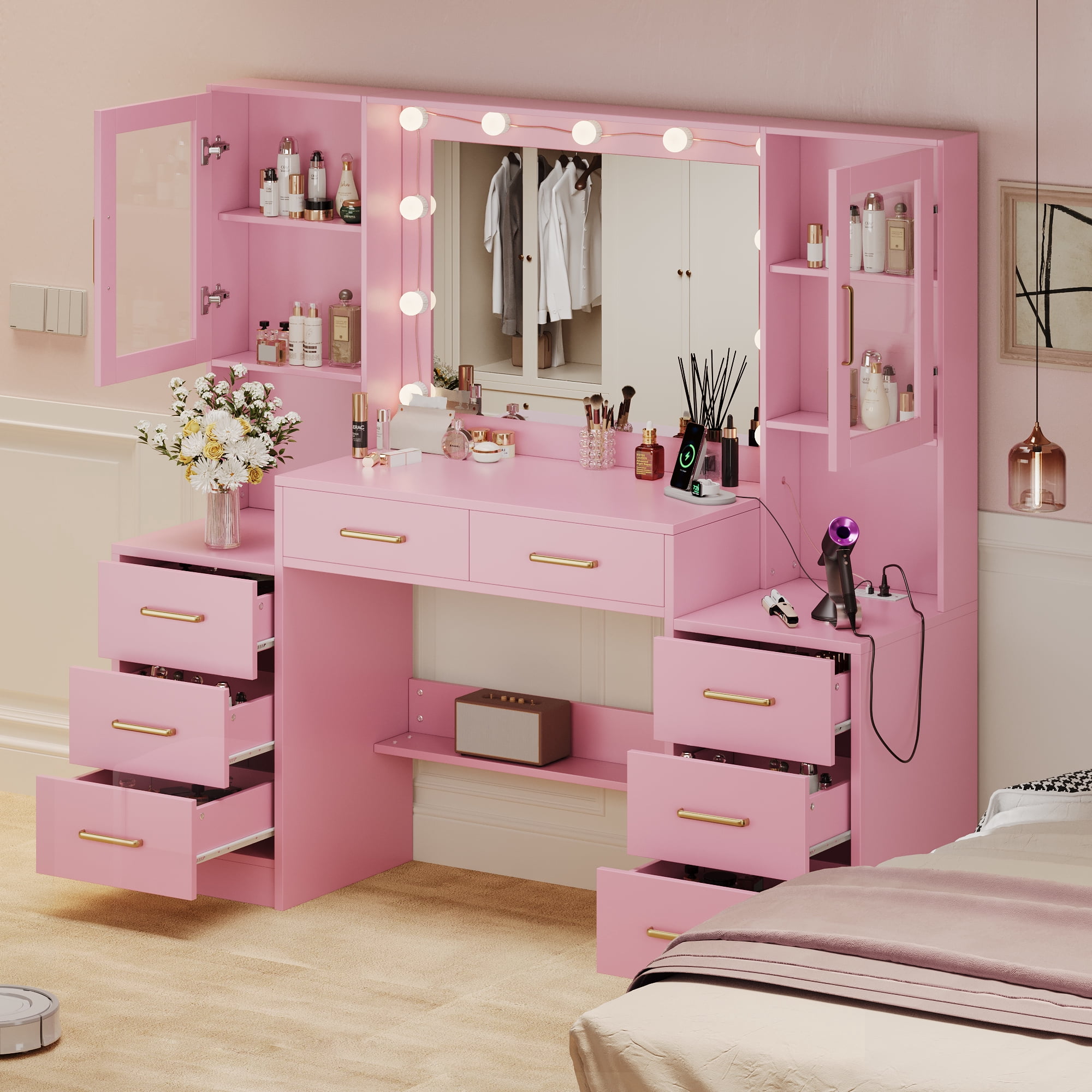 TOKSOM Pink Makeup Vanity Table with Lighted Mirror and Charging Station, Large Vanity Desk with 5 Drawers & Glass Cabinet, Cushioned Stool Set for Bedroom