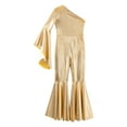 thumbnail image 3 of YONGHS Girls Shiny Metallic One Shoulder Flare Sleeve Wide Leg Bell Bottom Gymnastics Jumpsuit Gold 16, 3 of 7