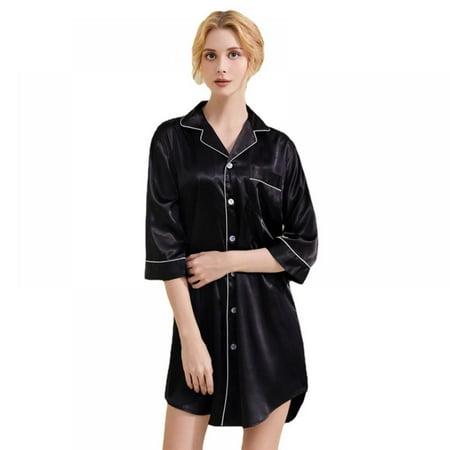 

Spdoo Satin Pajama Button closure 3/4 Sleeve Sleepwear Nightshirt for Women Black XL
