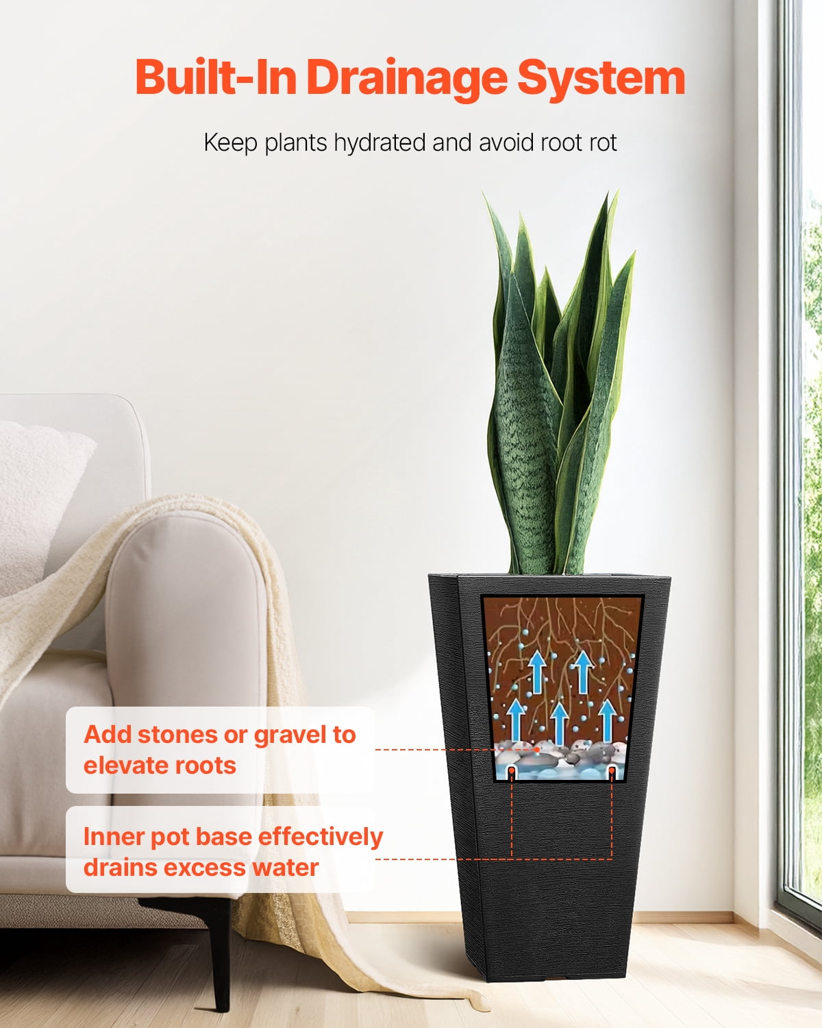 VEVOR Set of 2 Tall Outdoor Planters 22inch, Large Planters For Outdoor Indoor Plants, Black Tapered Square Front Porch Planters Flower Tree Plant Pots with Modern Design and Built-in Drainage