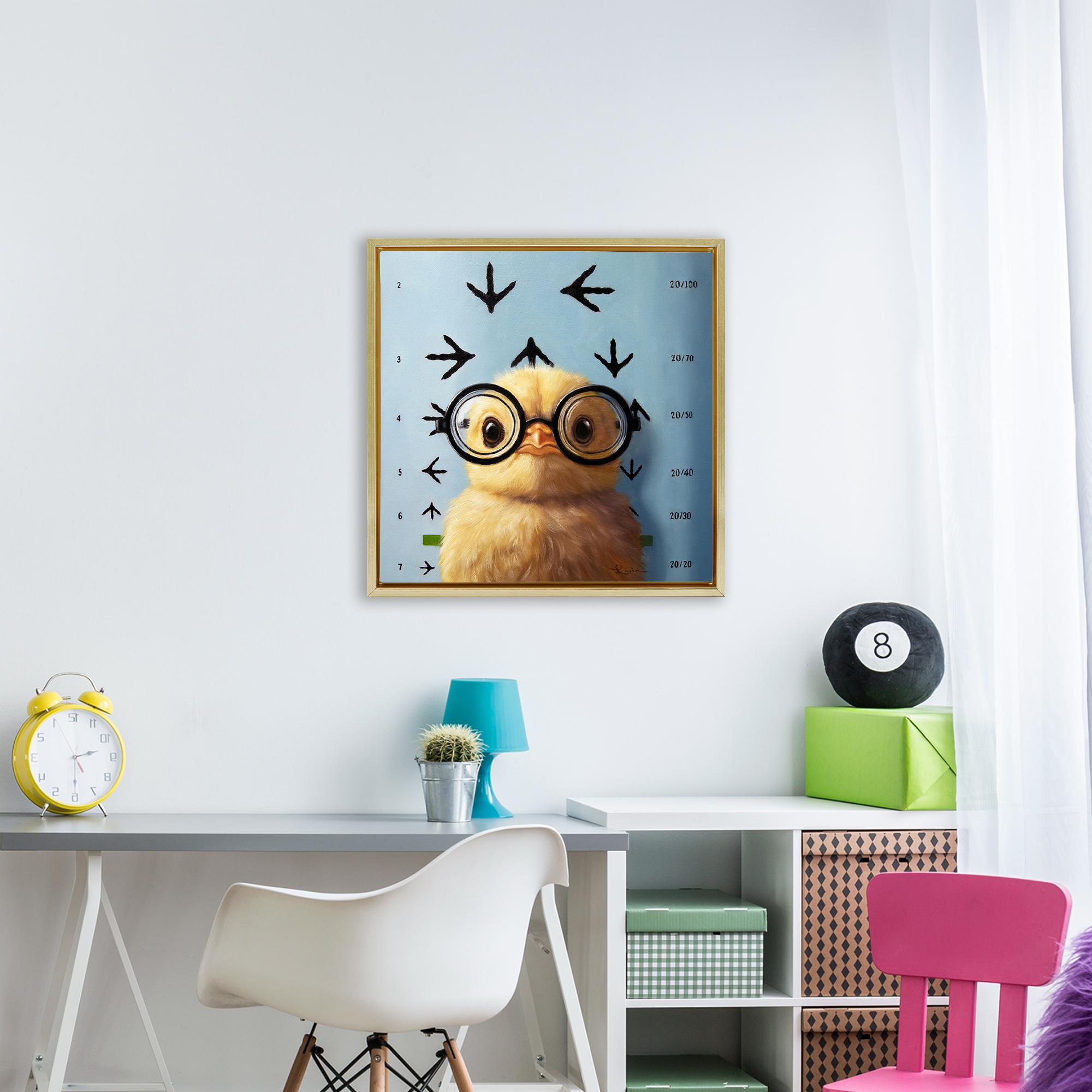 Four Eyes Chick Vision Gold Framed Floater Canvas Wall Art, design by Lucia Heffernan