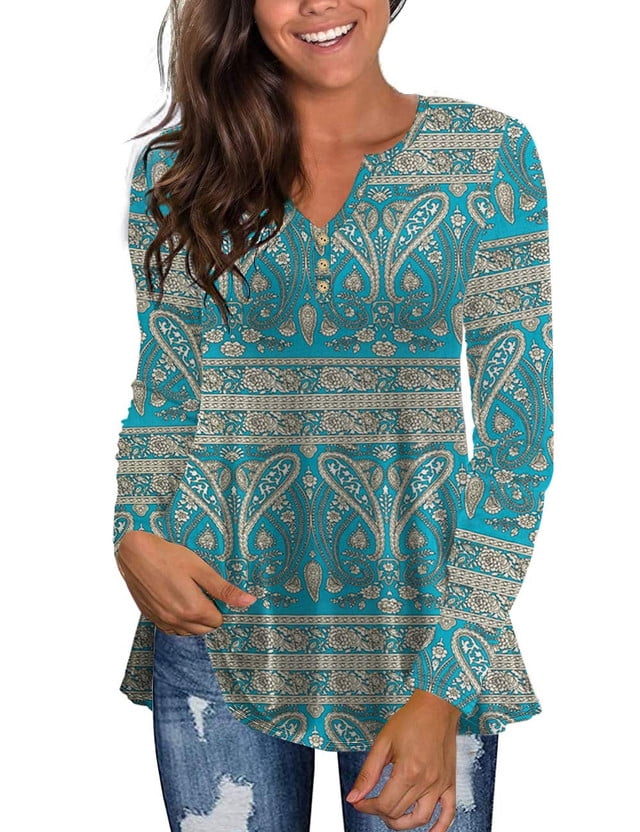 Tralilbee Women's Plus Size Long Sleeve Flowy Henley Shirt V Neck Tunic Tops