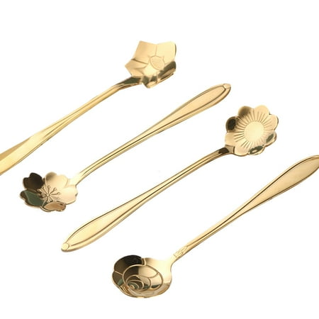 

ILIJIJO 4Pcs Cute Stainless Steel Flower Teaspoon Dessert Coffee Spoon Golden Sakura Rose Spoon
