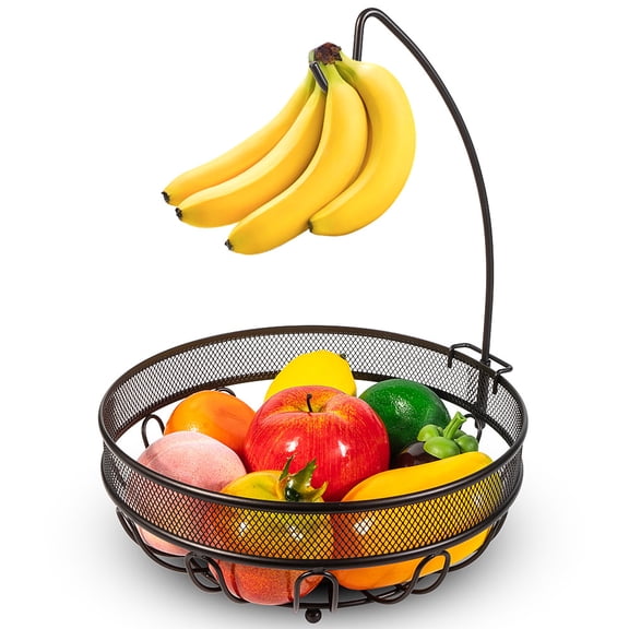 Auledio Fruit Basket with Banana Hanger Hoom Decor Metal Fruit Bowl for Kitchen Storage, Bronze