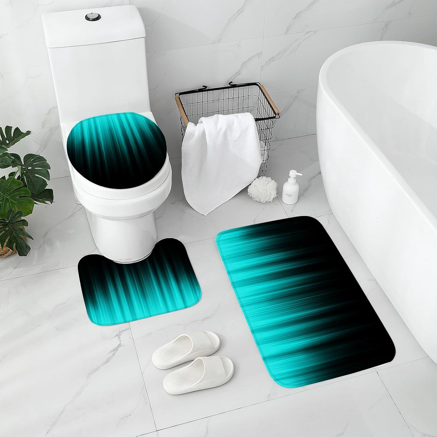 4 Pcs Teal and Black Shower Curtain Bathroom Set with Rugs, Toilet Lid Cover and Bath Mat, Gradient Teal Shower Curtain with 12 Hooks, Bathroom Decor Set