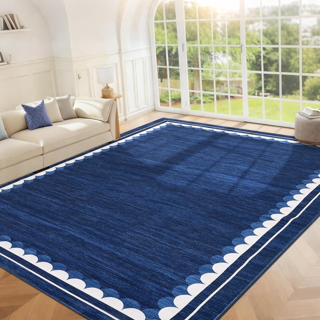 Washable Area Rug 5x7ft – Soft Non-Slip Low Pile Carpet with Modern Border Design, Solid Blue – Stain-Resistant Rug for Living Room, Bedroom and Dining Room