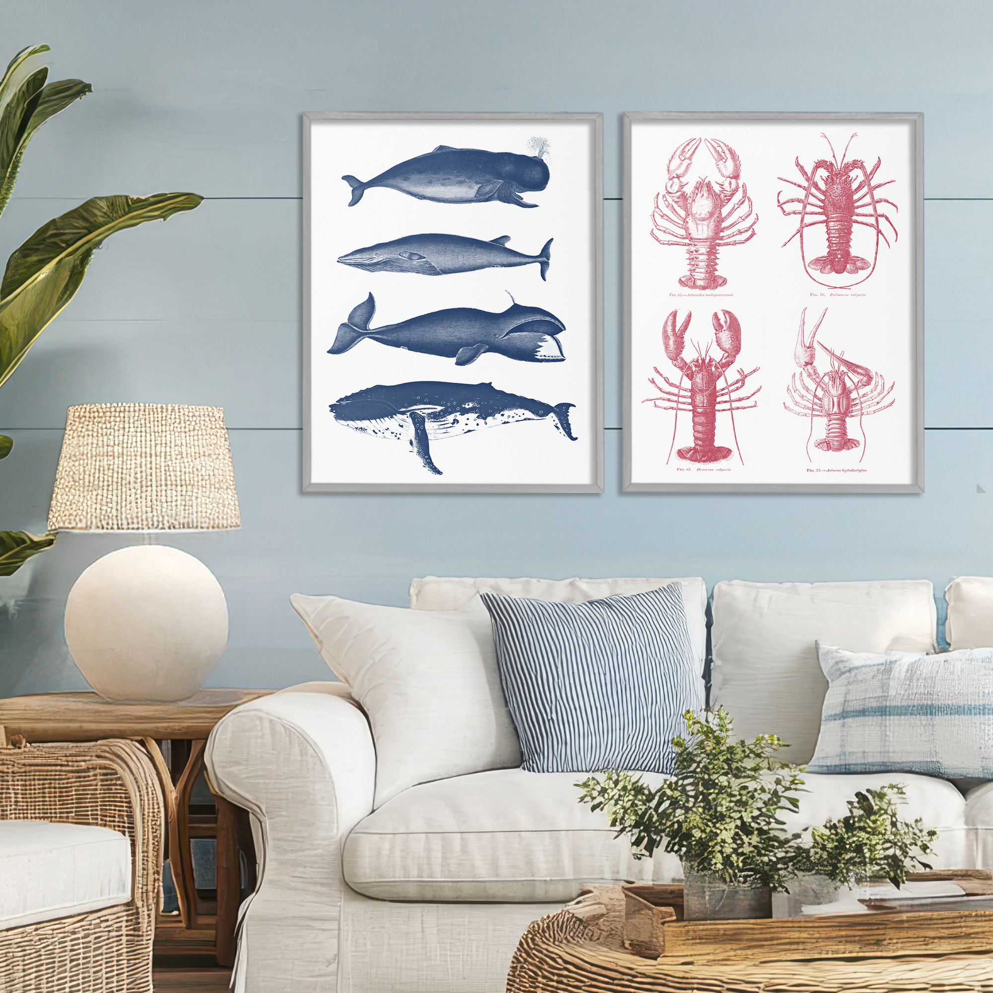 Marine Whales & Lobsters 2 Piece Gray Framed Giclee Art Set, design by Lettered and Lined