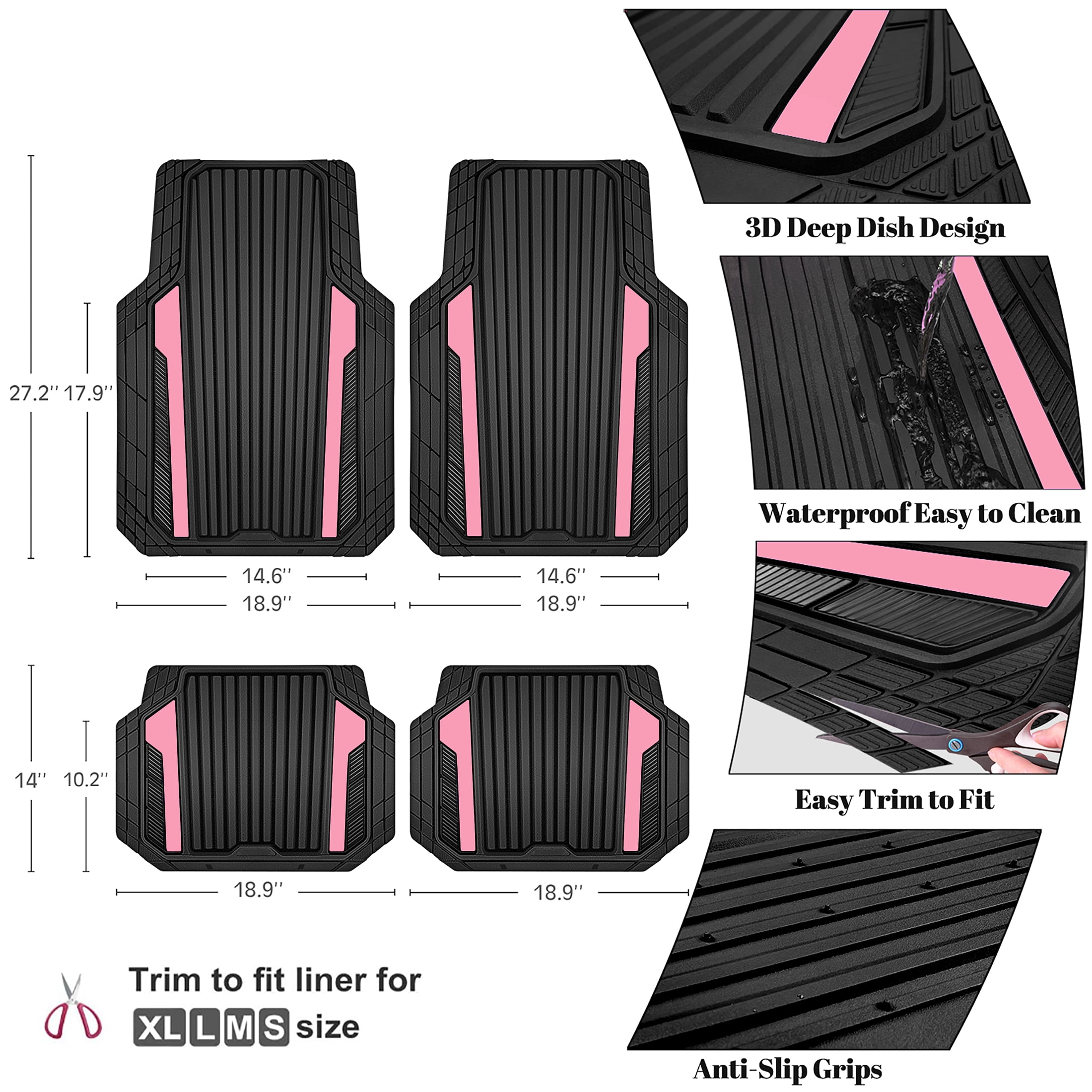 Auto Drive 4-Piece Black & Pink Heavy Duty Rubber Car Floor Mats, All Weather Universal Trim-to Fit for Car, SUV and Truck Mats