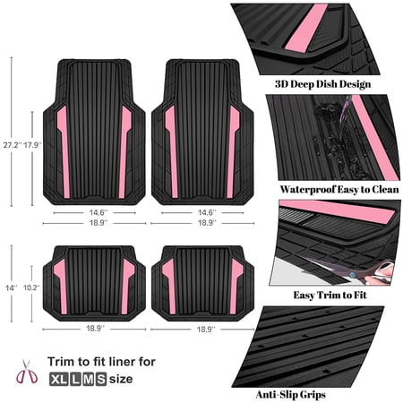 AUTO DRIVE 4-PIECE BLACK & PINK HEAVY DUTY RUBBER CAR FLOOR MATS, ALL WEATHER UNIVERSAL TRIM-TO FIT FOR CAR, SUV AND TRUCK MATS